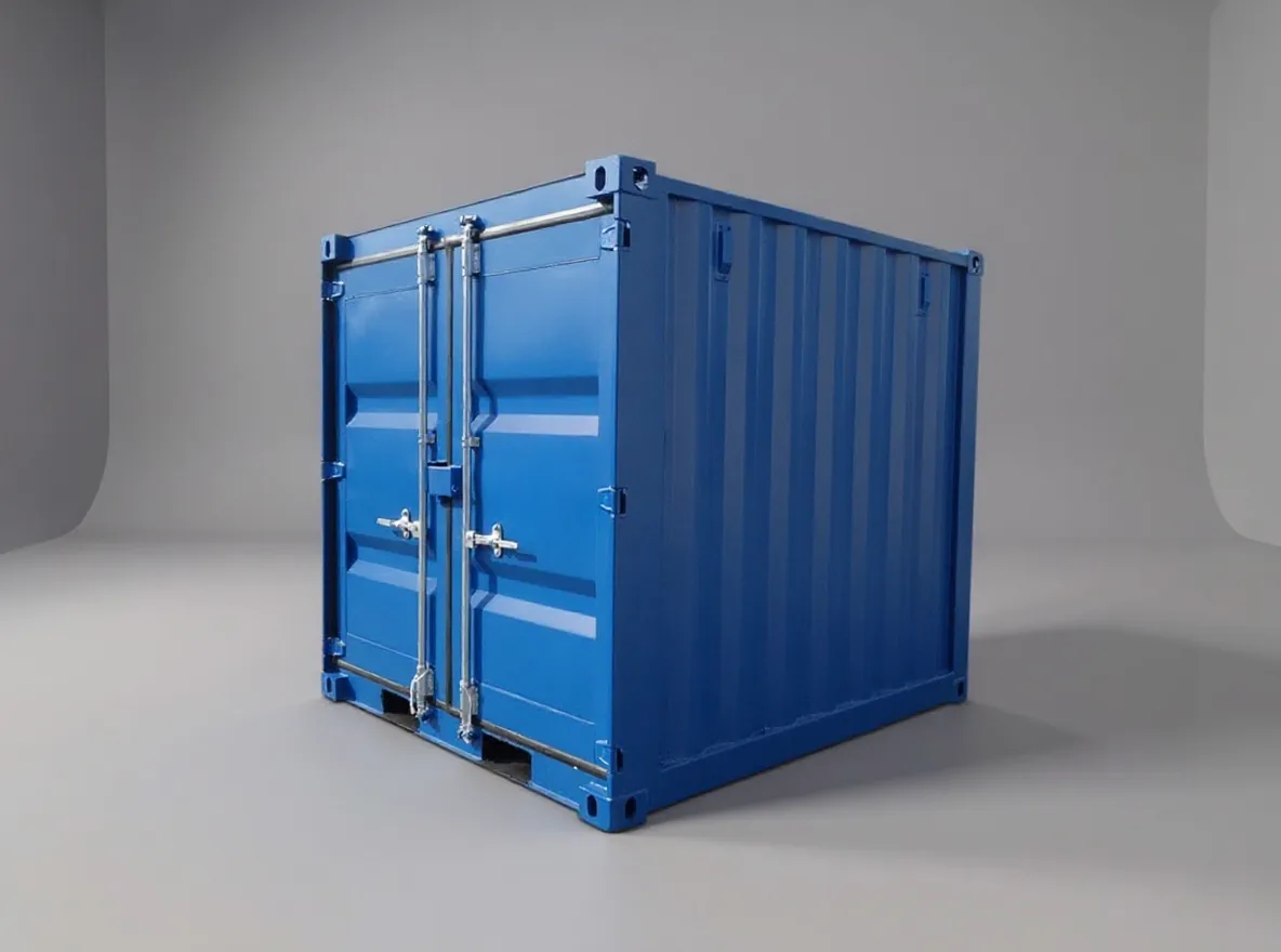 Blue mini container seen from the door end, doors closed