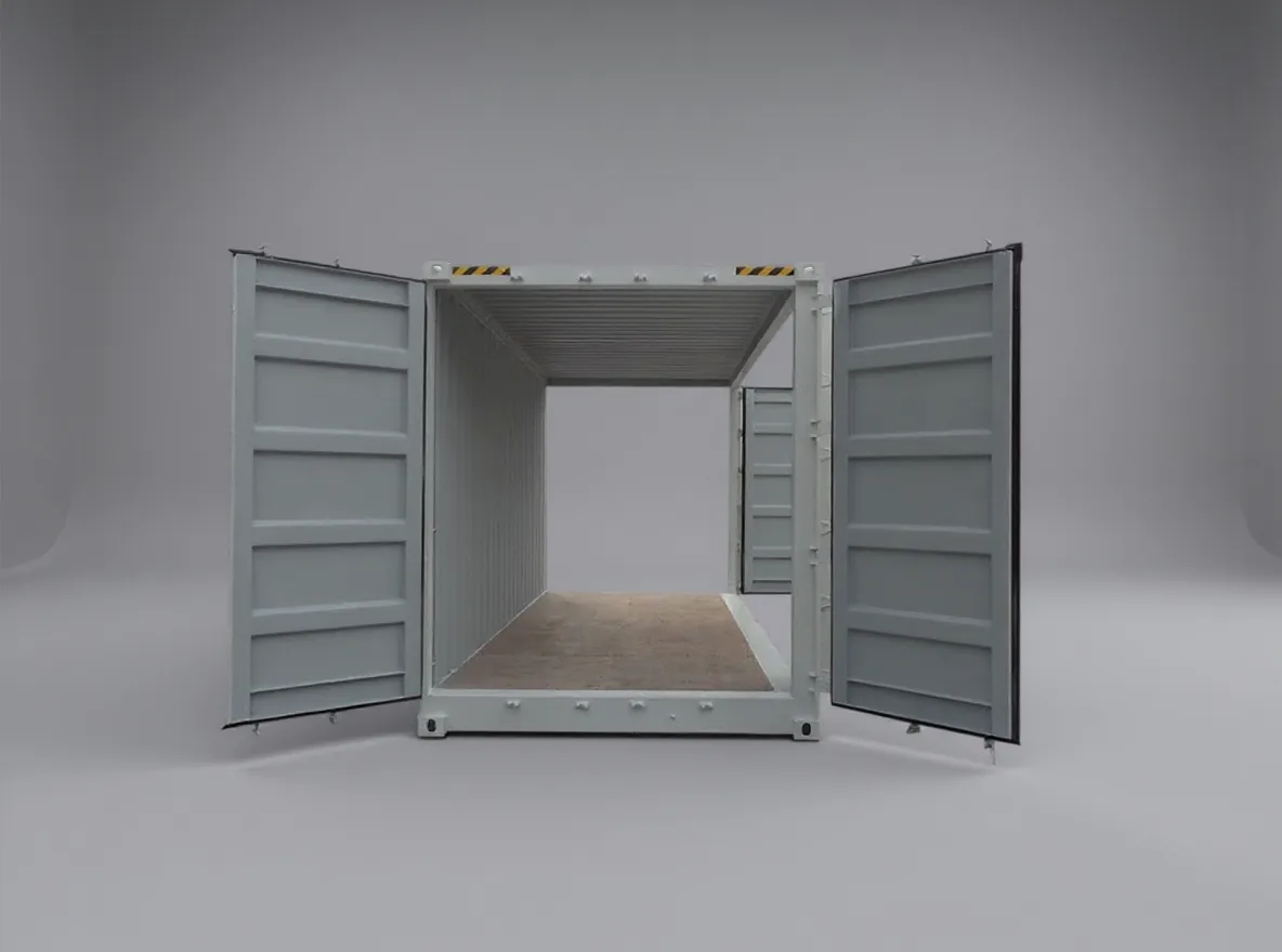 Pale grey high cube container seen from the side, end and side doors open, showing a timber floor through the body