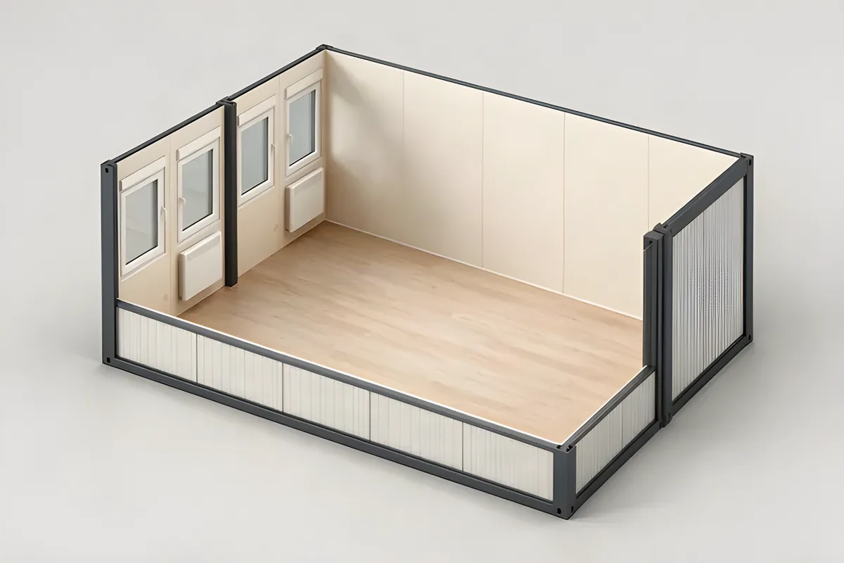 Office module cutaway: empty inside, windows and a door along one side, wood floor