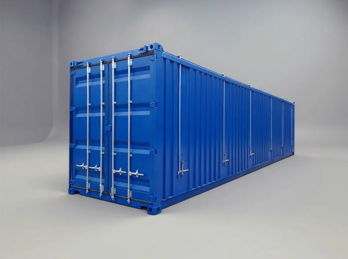 Blue hard top container seen down its length, doors closed