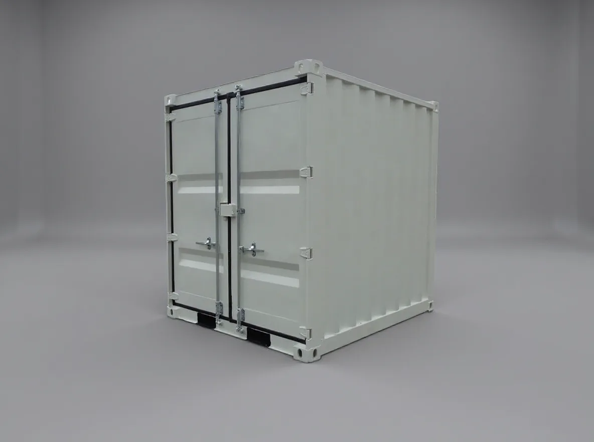 Pale grey mini container seen at three quarters, doors closed