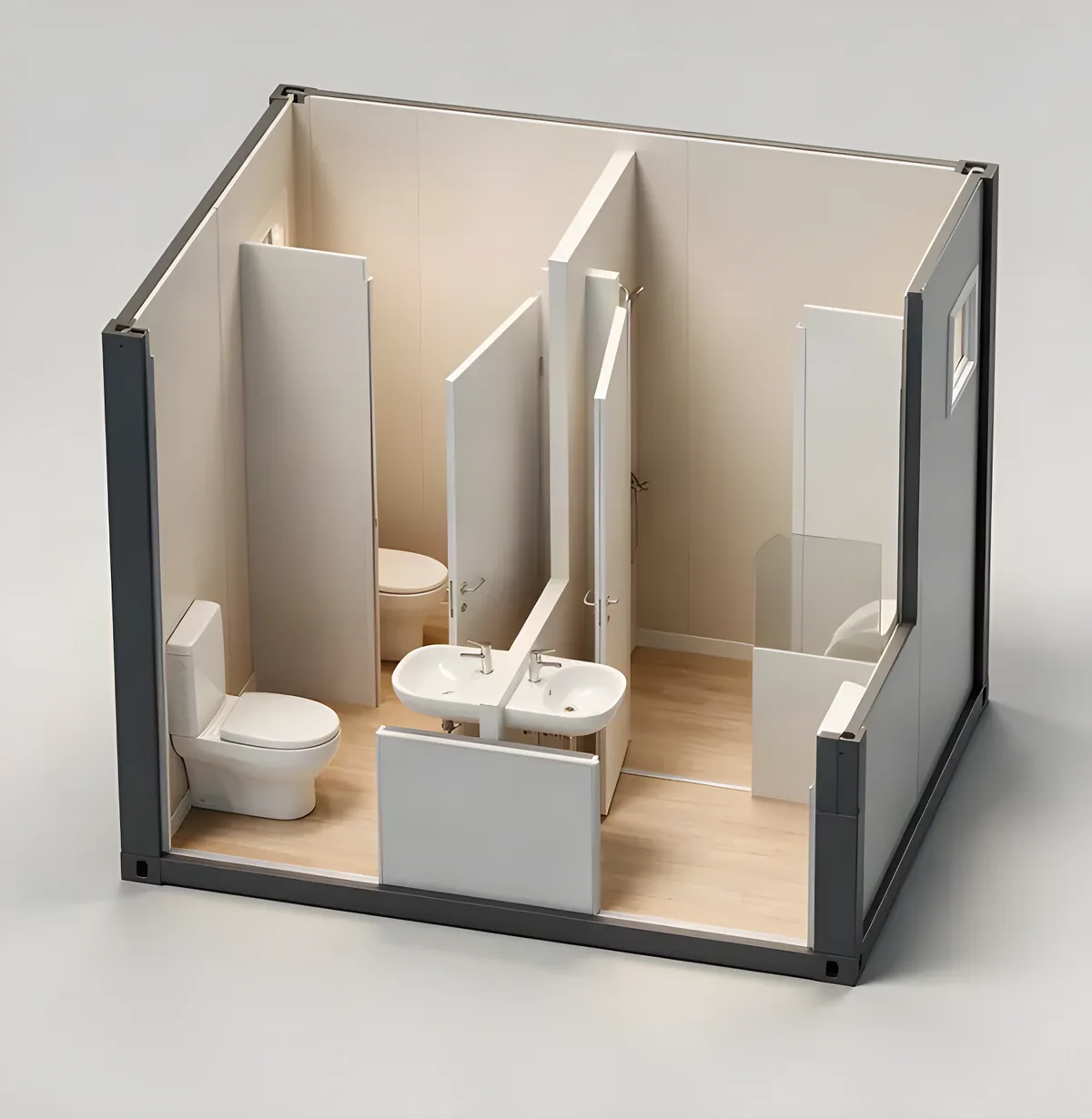 Sanitary unit cutaway: a WC, a washbasin and a shower cubicle divided by partitions