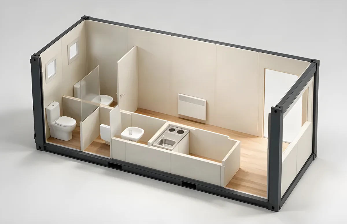 Sanitary unit cutaway: a WC, a washbasin and a kitchenette with a sink and hob