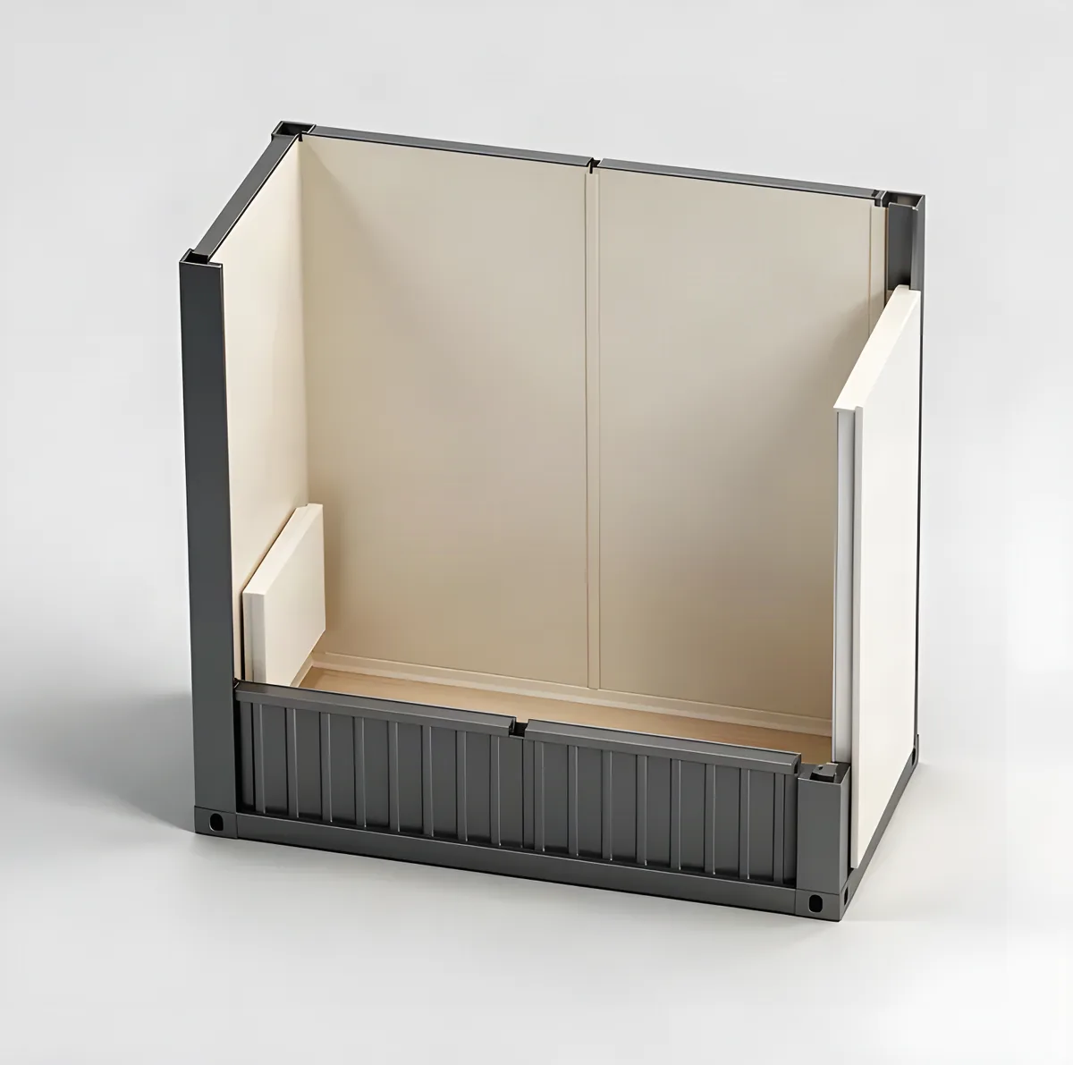 Gatehouse module cutaway: blank wall panels and a wood floor, no windows fitted