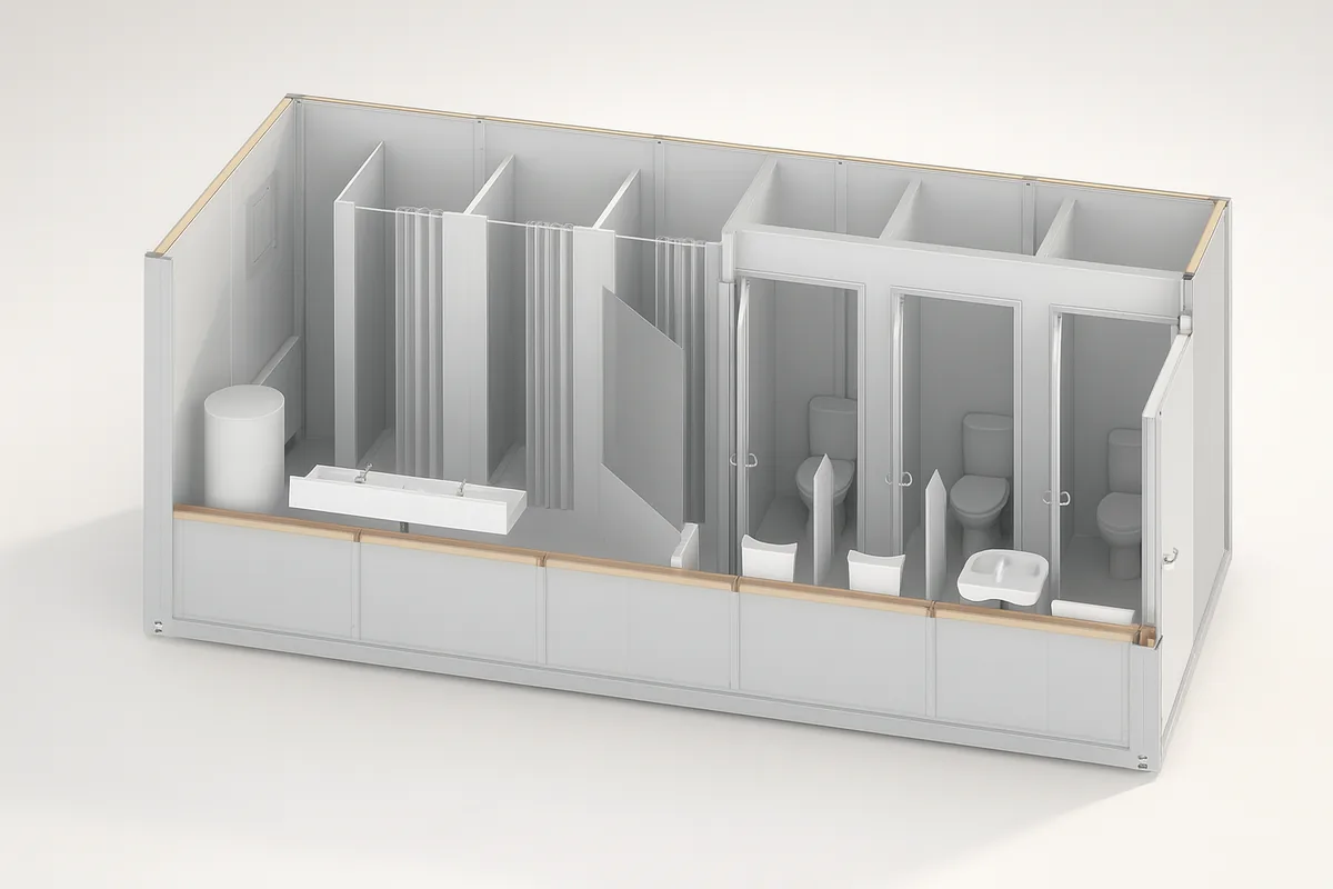 Sanitary unit cutaway: shower cubicles, a washbasin run and separate WC cubicles