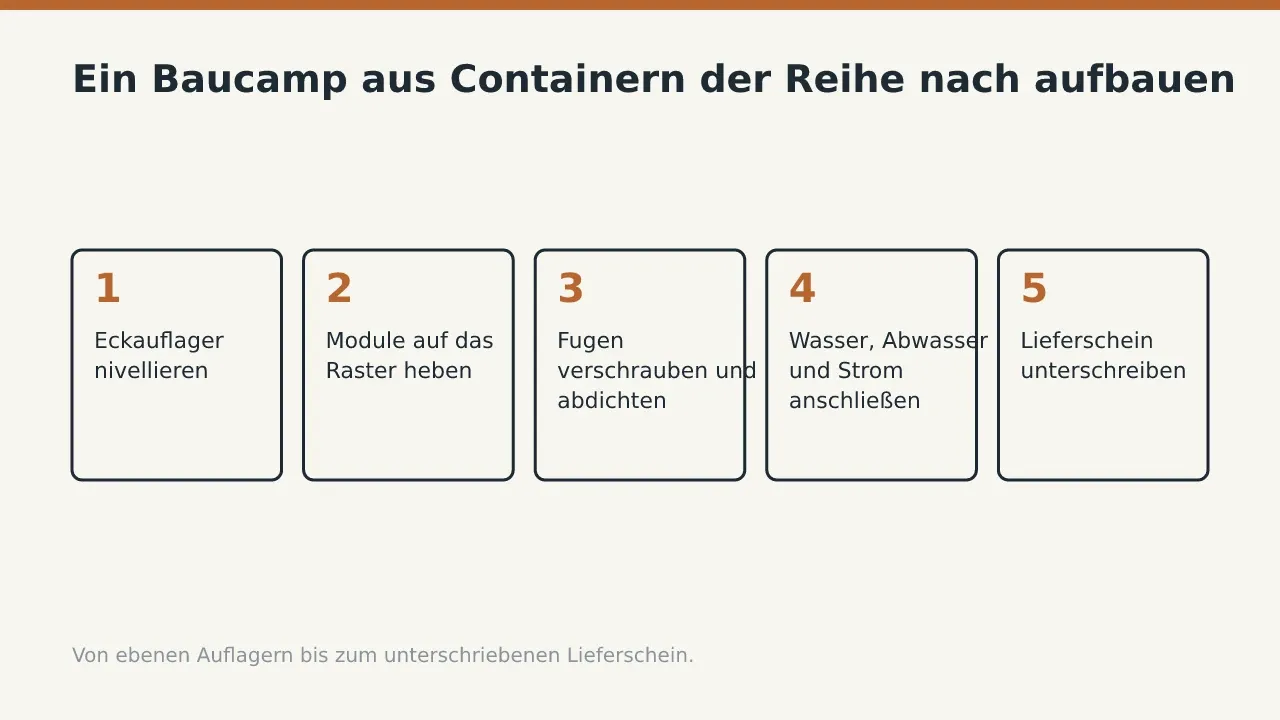 Ein Baucamp aus Containern der Reihe nach aufbauen: Eckauflager nivellieren; Module auf das Raster heben; Fugen verschrauben und abdichten; Wasser, Abwasser und Strom anschließen