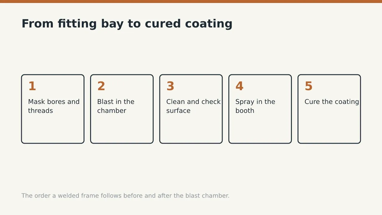 From fitting bay to cured coating: Mask bores and threads; Blast in the chamber; Clean and check surface; Spray in the booth