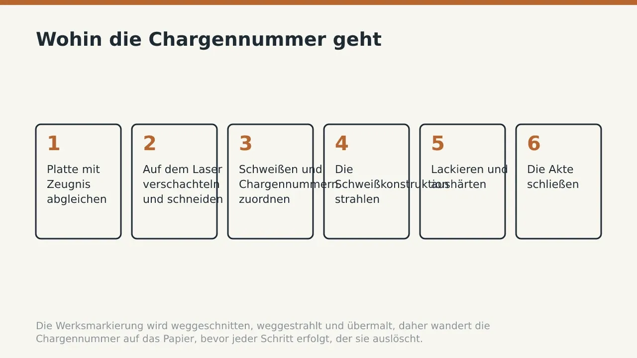 Wohin die Chargennummer geht: Platte mit Zeugnis abgleichen; Auf dem Laser verschachteln und schneiden; Schweißen und Chargennummern zuordnen; Die Schweißkonstruktion strahlen