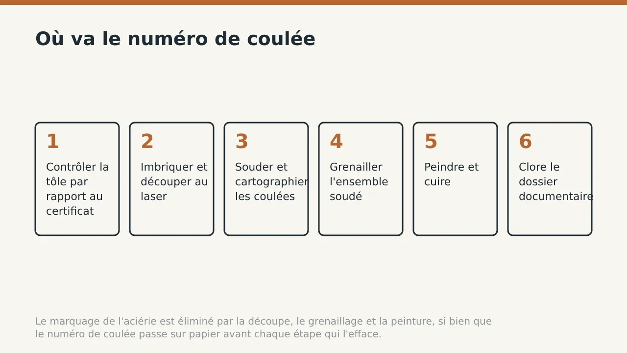 Où va le numéro de coulée: Contrôler la tôle par rapport au certificat; Imbriquer et découper au laser; Souder et cartographier les coulées; Grenailler l'ensemble soudé