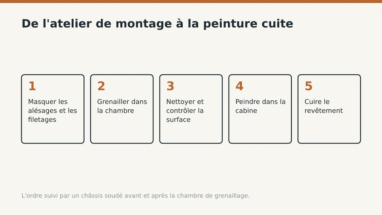 De l'atelier de montage à la peinture cuite: Masquer les alésages et les filetages; Grenailler dans la chambre; Nettoyer et contrôler la surface; Peindre dans la cabine