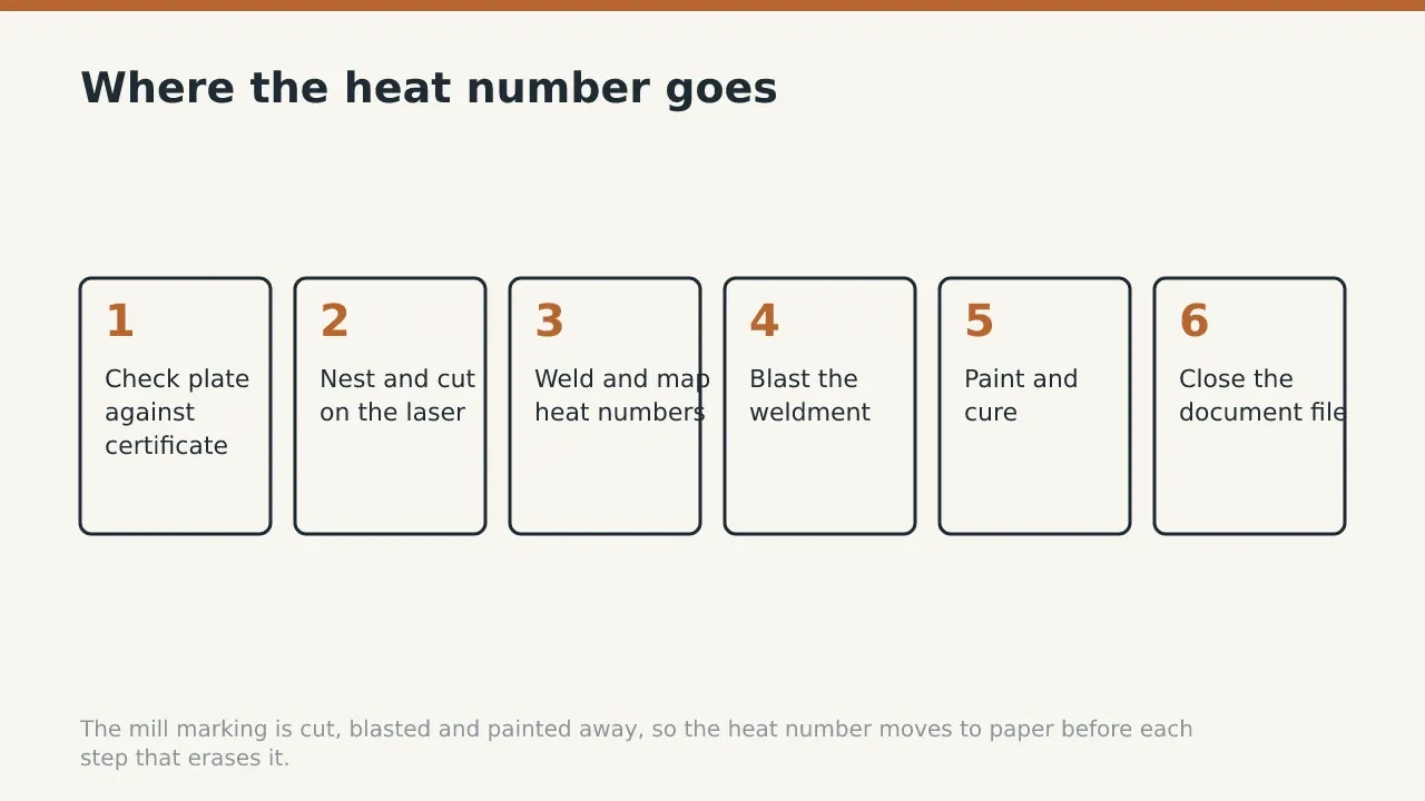 Where the heat number goes: Check plate against certificate; Nest and cut on the laser; Weld and map heat numbers; Blast the weldment